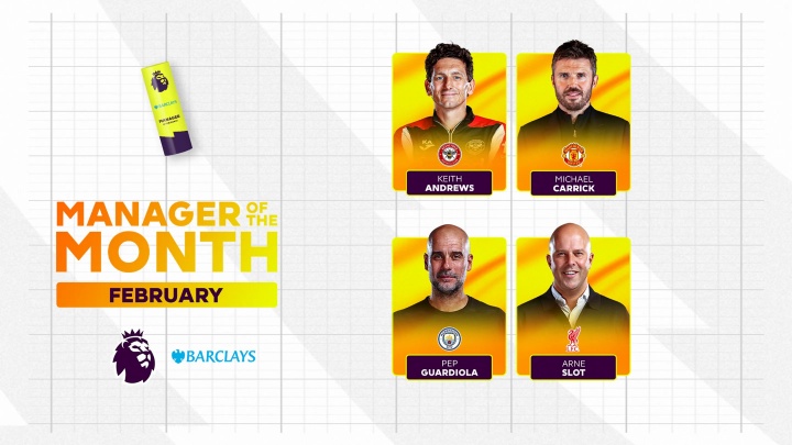 英超2月最佳主帅候选：卡里克、瓜迪奥拉、斯洛特入选 无阿尔特塔